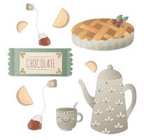 Teezeit süßes Set. Teekanne, Tassen, Marmelade, Beeren, Zimt, Muffin und Kuchen. heiße Getränke. Wohnkomfort. gemütliche Herbstkollektion. vektorkarikaturillustration lokalisiert auf dem weißen hintergrund. vektor