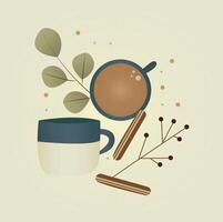 Nahtloses Kaffeemuster. vektorhintergrund mit illustration einer papierlattetasse, zweige mit blättern vektor