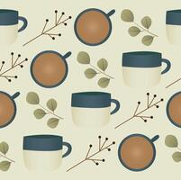 Nahtloses Kaffeemuster. vektorhintergrund mit illustration einer papierlattetasse, zweige mit blättern vektor