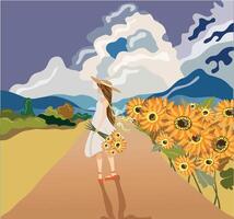 en flicka i en fält med solrosor. sommar illustration vektor