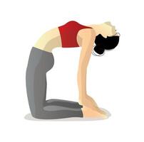en flicka i en röd t-shirt och grå damasker i en yoga utgör vektor