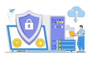 flache rechenzentrumssicherheit mit menschenzeichenkonzept. minimale Vektorillustration des Entwurfsdesignstils für Zielseite, Webbanner, Infografiken, Heldenbilder. vektor