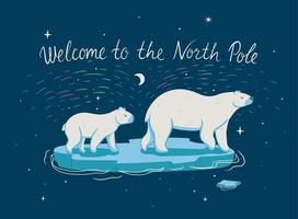 Postkarte mit Eisbären und Nordlichtern. Vektorgrafiken. vektor