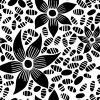 Vektornahtloses Muster mit Zeichnungsblumen und Samen, monochrome künstlerische botanische Illustration. floraler einfarbiger Hintergrund. vektor
