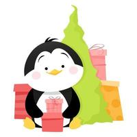 süßer pinguin sitzt mit geschenken neben dem weihnachtsbaum vektor