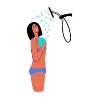 de flicka tvättar i de dusch med en tvättlapp i henne hand. en solbränd kvinna uppdateras själv under en kall ström av vatten från de sommar värme. vektor illustration i platt stil
