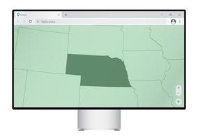 computermonitor mit karte von nebraska im browser, suchen sie im web-mapping-programm nach dem land von nebraska. vektor