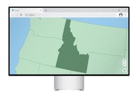 computermonitor mit karte von idaho im browser, suchen sie im web-mapping-programm nach dem land von idaho. vektor