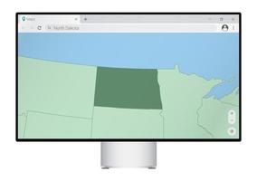 computermonitor mit karte von north dakota im browser, suchen sie im web-mapping-programm nach dem land von north dakota. vektor