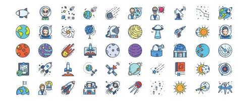 Sammlung von weltraumbezogenen Symbolen, darunter Symbole wie Außerirdische, Asteroiden, Physiker, Galaxien und mehr. vektorillustrationen, pixelperfekter satz vektor