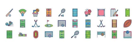 Sammlung von Symbolen im Zusammenhang mit Stadien und Spielen, einschließlich Symbolen wie Baseballspiel, Basketball, Boxen, Cricket und mehr. vektorillustrationen, pixelperfekter satz vektor