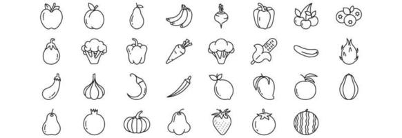 Sammlung von Symbolen für Veganer, darunter Symbole wie Apfel, Aprikose, Avocado, Bananen und mehr. vektorillustrationen, pixelperfekter satz vektor