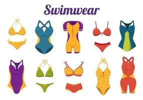 badebekleidung mit verschiedenen designs von bikinis und badeanzügen für frauen am sommerstrand in handgezeichneten vorlagenillustrationen im flachen karikaturstil vektor