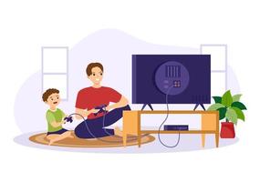 videospiel mit kindern, die gamepad-controller spielen, die konsole auf einem android-mobilcomputer in einer handgezeichneten schablonenillustration der flachen karikatur kämpfen vektor