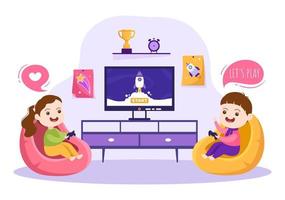 video spel med barn spelar gamepad styrenheter stridande trösta på android mobil dator i platt tecknad serie hand dragen mall illustration vektor