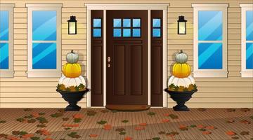 Thanksgiving-Hintergrundszene mit Haustür, die mit Kürbissen und Herbstblättern geschmückt ist. Vektor-Illustration vektor