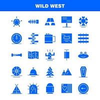 Wildwest-Solid-Glyph-Symbol für Webdruck und mobiles Uxui-Kit wie Landschaft Montana-Bergberge wilde Blume West-Wildpiktogramm-Packvektor vektor