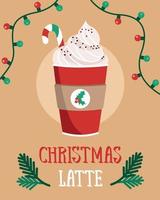 weihnachtslattegetränk, illustration von karton auf roter tasse und kaffee zum mitnehmen, weihnachtswerbebanner für café. vektor