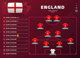 england line-up world football 2022 turnier final stage vector illustration. Aufstellungstabelle für Ländermannschaften und Mannschaftsbildung auf dem Fußballplatz. Fußballturnier Vektor-Länderflaggen