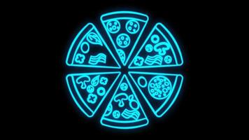 färgrik neon pizzeria skylt vektor platt illustration. ljus pizza tid Kafé med inskrift isolerat på tegel vägg bakgrund. lysande ljus tecken av restaurang, cafeteria eller bistro