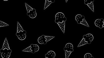 Eis mit Beerenkugeln in einem Waffelglas auf schwarzem Hintergrund, Vektorillustration, Muster. Tapeten im Zeichenstil mit Buntstiften. Dekor für Küche, Restaurant und Café vektor