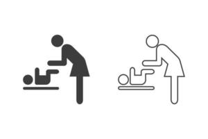 Frauen und Baby, wechselnde Windeln Vektor-Illustration Glyphen-Stil-Design mit 2 Stil-Ikonen schwarz und weiß. isoliert auf weißem Hintergrund. vektor