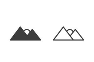 Berg und Sonne flache Vektorgrafiken Glyphen-Design mit 2 Stilsymbolen schwarz und weiß. isoliert auf weißem Hintergrund. Reisesymbole. vektor