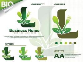 gesundes lebensmittelbuchstabe l logo design mit kreativem grünem blatt vektor