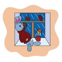 ein hase in einem roten pullover sitzt auf der fensterbank und trinkt heißen tee. Vektor-Illustration. vektor