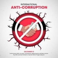 internationell anti korruption dag bakgrund med knäckt vägg och en skakning hand av handla vektor