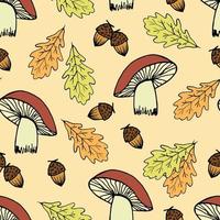svamp, gul ek löv, ekollon på en beige bakgrund. för tyg grafik, kök textilier, höst säsong- mönster. skog växter, skörda. sömlös vektor mönster.