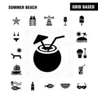 Beach Solid Glyph Icon Pack für Designer und Entwickler Ikonen von Fisch Seestern Seestern Kokosnuss Frucht tropischen Strand Vektor