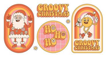 groovige Hippie-Weihnachtsaufkleber. weihnachtsmann, lächeln, regenbogen im trendigen retro-cartoon-stil. vektor