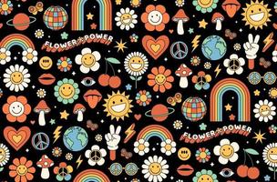 grooviger Hippie-Hintergrund der 1970er Jahre. lustige Cartoon-Blume, Regenbogen, Frieden, Liebe, Herz, Gänseblümchen, Pilz. vektor