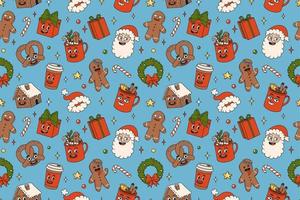 glad jul och Lycklig ny år sömlös mönster. santa claus, gåvor, kakao, kaffe, pepparkaka. vektor