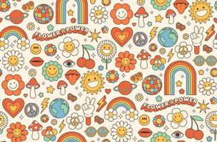 häftig hippie 1970-talet bakgrund. rolig tecknad serie blomma, regnbåge, fred, kärlek, hjärta, tusensköna, svamp. vektor