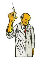 Ärztin, Krankenschwester oder Wissenschaftler, die eine Spritze mit Impfstoff hochhält, isoliert im Retro-Comic-Stil vektor