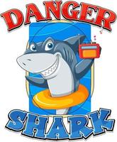 Hai-Cartoon-Figur mit Gefahrensymbol vektor
