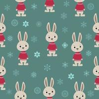 nahtloses muster mit einem niedlichen kaninchen im roten weihnachtspullover auf blauem hintergrund mit schneeflocken vektor
