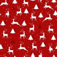 Weihnachtsnahtloses Muster mit weißen Silhouetten von Hirschen und Bäumen auf rotem Hintergrund. vektor