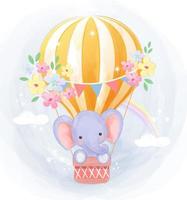 süßer kleiner Elefant, der im Heißluftballon fliegt vektor