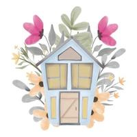 akvarell handmålad blommig husdesign vektor