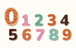 Donut-Nummern. Vektorzahlen für Kinder. Donutförmige Zahlen mit farbigem Zuckerguss und Streuseln für arithmetische oder festliche Dekorationen vektor