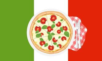 varm pizza margarita på de bakgrund av de italiensk flagga. italiensk snabb mat. Italien mellanmål med tomater, basilika och mozzarella ost. platt vektor illustration