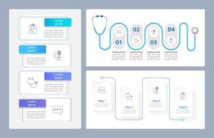 Infografik-Diagrammdesign-Vorlagen für Medizin und Gesundheitswesen festgelegt. bearbeitbares Infochart mit Symbolen. Anweisungsgrafiken mit 4-Schritt-Sequenz. visuelle Daten