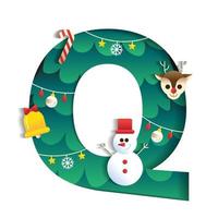 buchstabe q alphabet schriftart niedlich frohe weihnachten konzept rentier zuckerstange schneemann glocke weihnachtsbaum zeichen schriftart weihnachtselement karikatur grün 3d papierschicht ausschnitt karte vektorillustration vektor