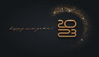 2023 ny år lyx logotyp med lysande gyllene halvton på svart bakgrund. vektor illustration.