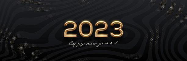 Goldenes Logo des neuen Jahres 2023 auf abstraktem Hintergrund der schwarzen Wellen. Grußdesign mit realistischer Jahreszahl aus Goldmetall. Design für Grußkarten, Einladungen, Kalender usw. Vektorillustration. vektor