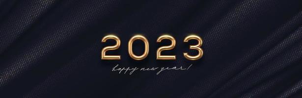 2023 ny år gyllene logotyp på abstrakt svart textil- bakgrund. hälsning design med realistisk guld metall siffra av år. design för hälsning kort, inbjudan, kalender, etc. vektor