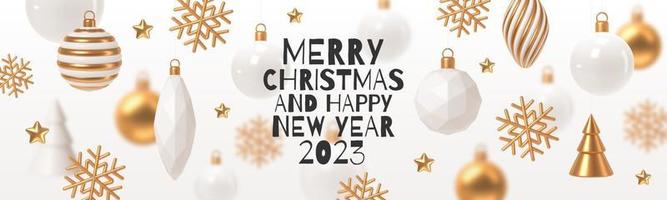 feiertagsillustration mit weihnachtskugeln und dekorationen in weiß und gold. Neujahrsgrußkarte. 3D-Render-Vektor-Illustration. vektor